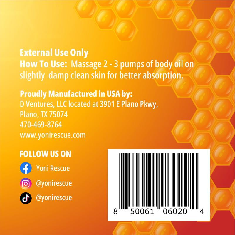 Honey Bae Peach Body Oil, 4Oz, with Apricot, Jojoba, Avocado Oils & Vitamin E Oil, Fast-Absorbing, Nourishes and Hydrates Skin, Skin Repair, Body Care, Ideal for All Skin Types, Peach & Honey Layer Fragrance Moisturizer by Yoni Rescue