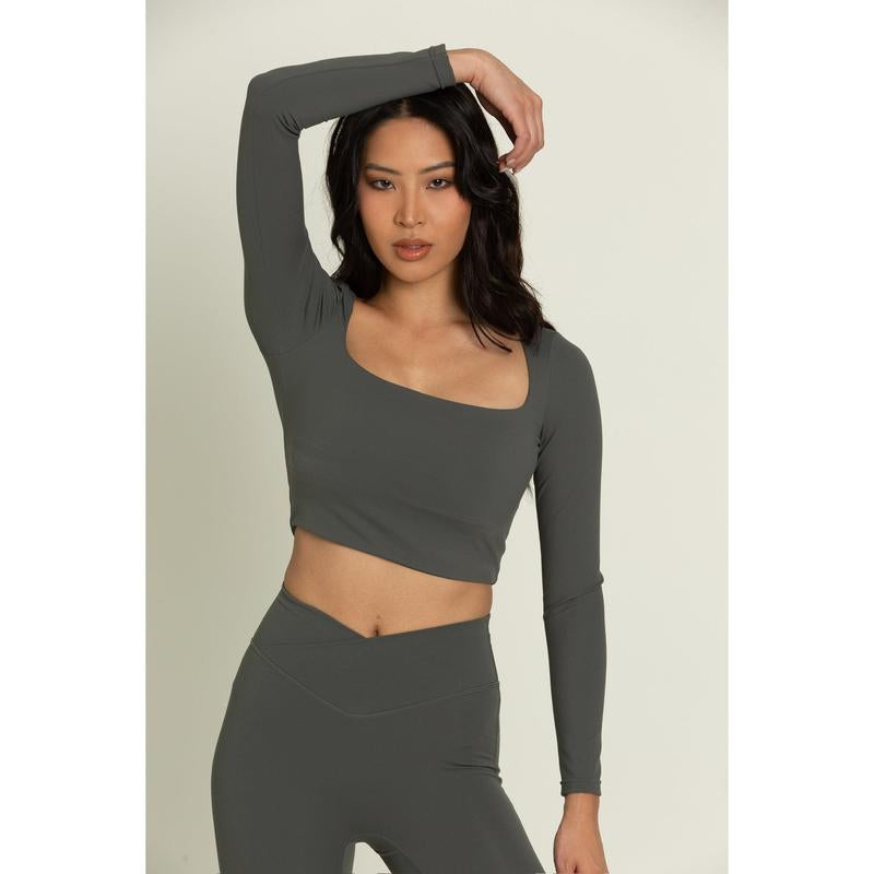 Dull Pine Square Neck Long Sleeve Top