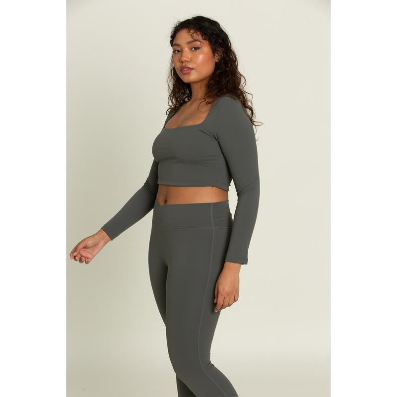 Dull Pine Square Neck Long Sleeve Top
