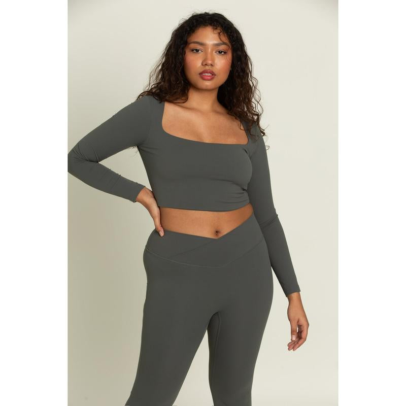 Dull Pine Square Neck Long Sleeve Top