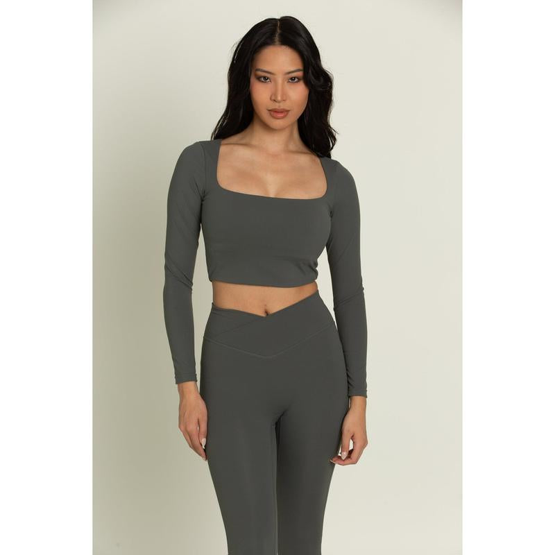 Dull Pine Square Neck Long Sleeve Top