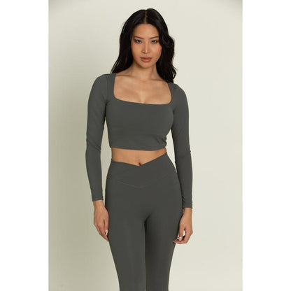 Dull Pine Square Neck Long Sleeve Top