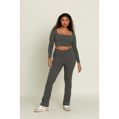 Dull Pine Square Neck Long Sleeve Top