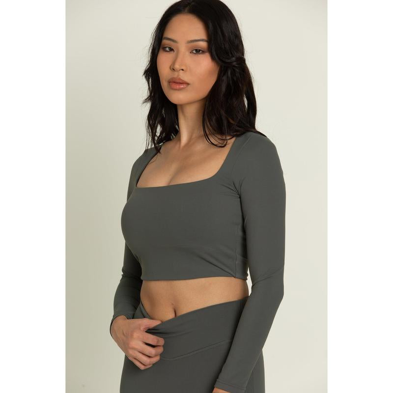 Dull Pine Square Neck Long Sleeve Top