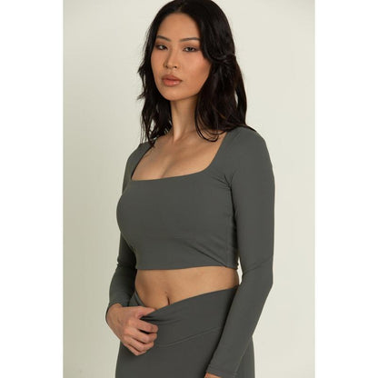 Dull Pine Square Neck Long Sleeve Top
